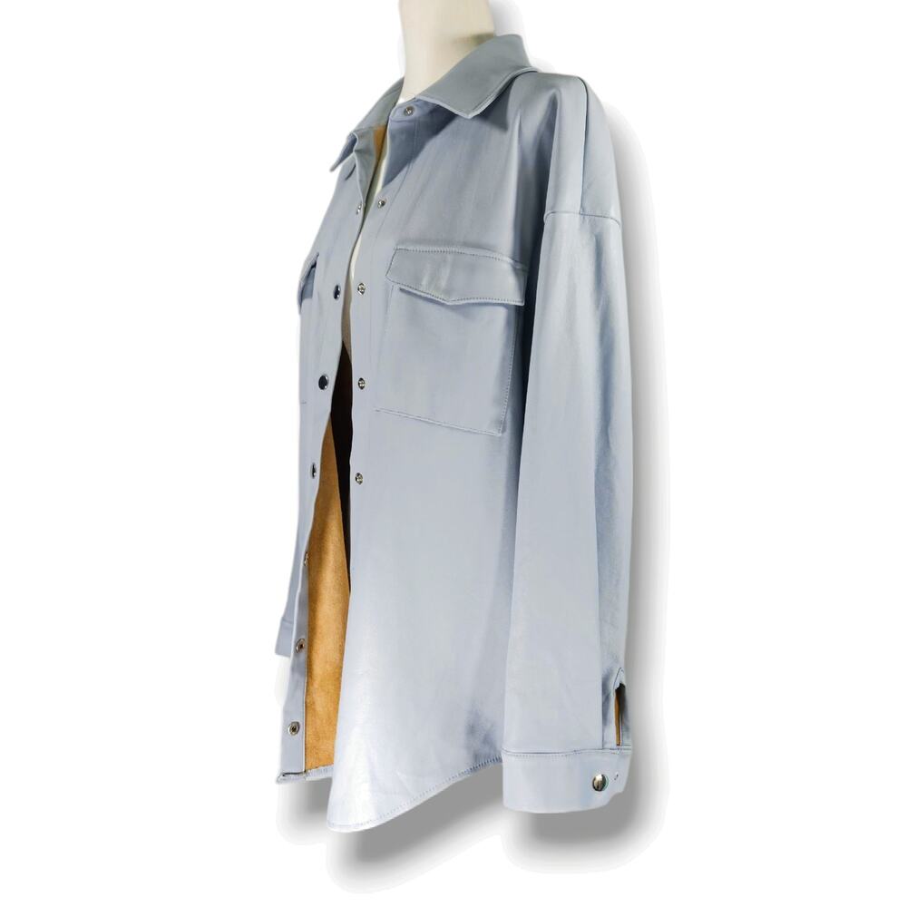 EUC Missguided Faux Vegan Leather Snap Front Shacket Jacket‎ Sz. 6 Baby Blue